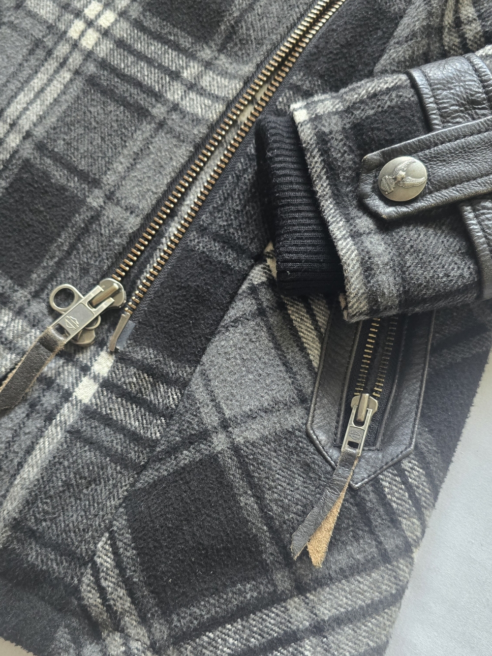 Harley-Davidson Black & Gray Plaid Pea Coat with Leather Collar - Picture 2 of 10